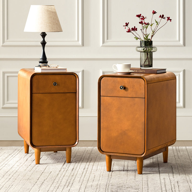 Elmaz MCM Solid Wood 1-Drawer And Legs End Table With Backside Magazine Rack Set of 2, Acorn