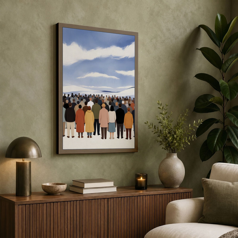 Figures Facing Landscape Modern 1 Piece Wrapped Canvas Wall Art, 30x20 - 76.2 x 50.8 cm, Taupe Border