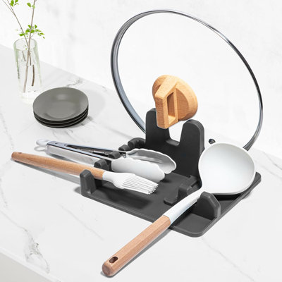 Repose-cuillère en silicone avec porte-couvercle - Support pour ustensiles de cuisine 3 en 1 - Gris, grand