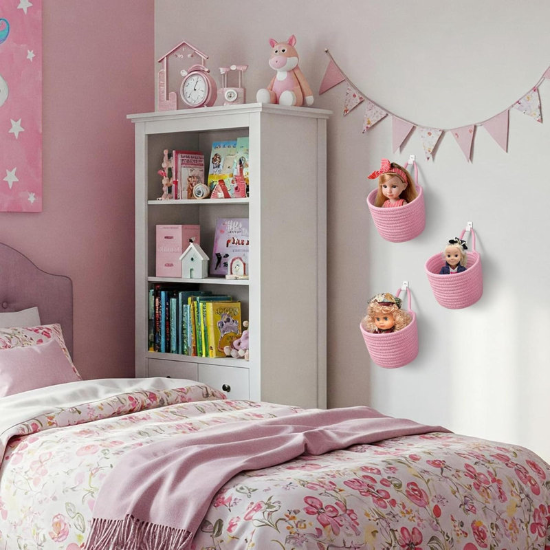 Ensemble de 3 paniers suspendus en tissu avec pochettes tissées de style bohémien avec crochets adhésifs, Rose