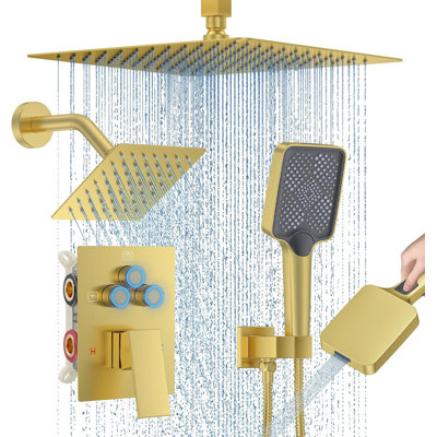 Brushed Gold Shower Faucet Set 10" Ceiling Mount Rainfall Shower System with 10'' Top Head+6'' Side Head and Multi-function Handheld Head Push Button Diverter Shower Faucet