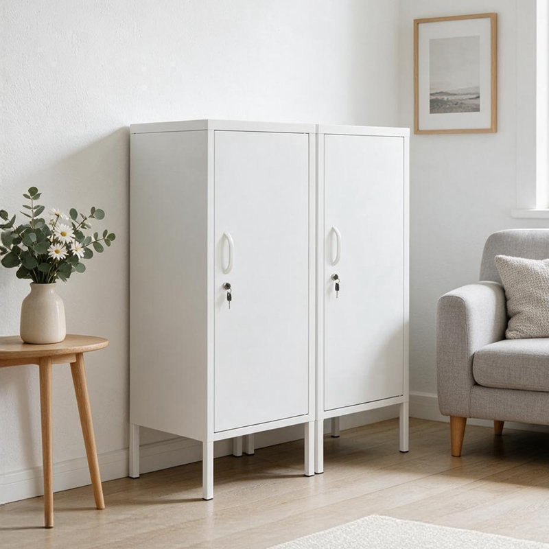 Armoire de vestiaire en métal blanc à 3 niveaux et 2 tablettes réglables, acier robuste