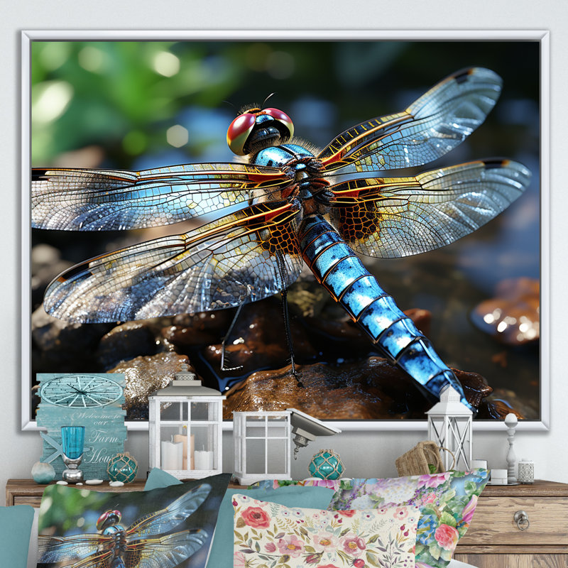 «Blue Fluttering Dragonfly I», art mural libellule, Cadre flottant blanc, H 34 po x l 44 po x P 1,5 po