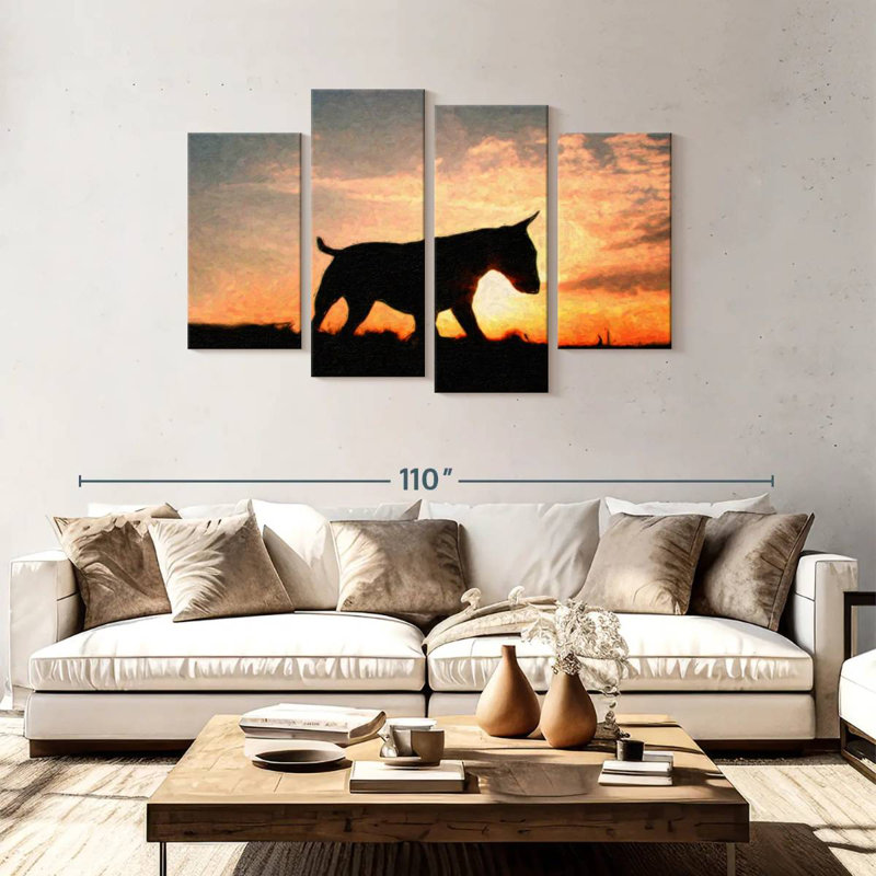 Bull terrier Brampt au coucher du soleil, H 48 po x l 75 po
