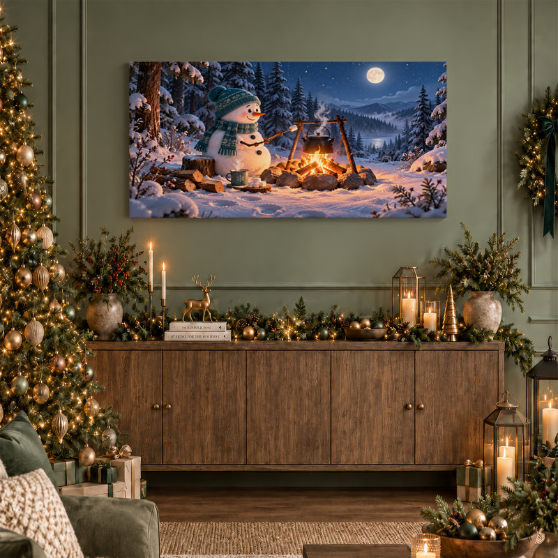«Snowman Roast Marshmallows» par Campfire, art mural sur toile de Noël, L 20 po x H 10 po
