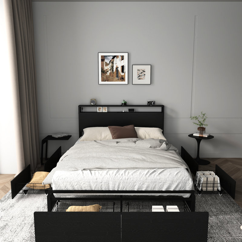 Bruit - cadre de lit double avec 6 tiroirs de rangement sur roulettes, charge de tête de lit et éclairage intégré, solide et robuste, aucun sommier nécessaire, noir et métal, installation rapide et facile à intensité variable avec lumières à DEL, silencieux
