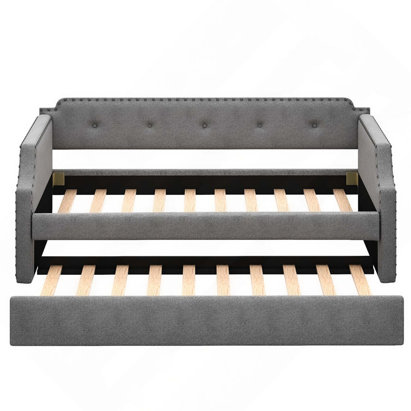 Upholstered Daybed With Trundle, Wood Slat Support, Gray