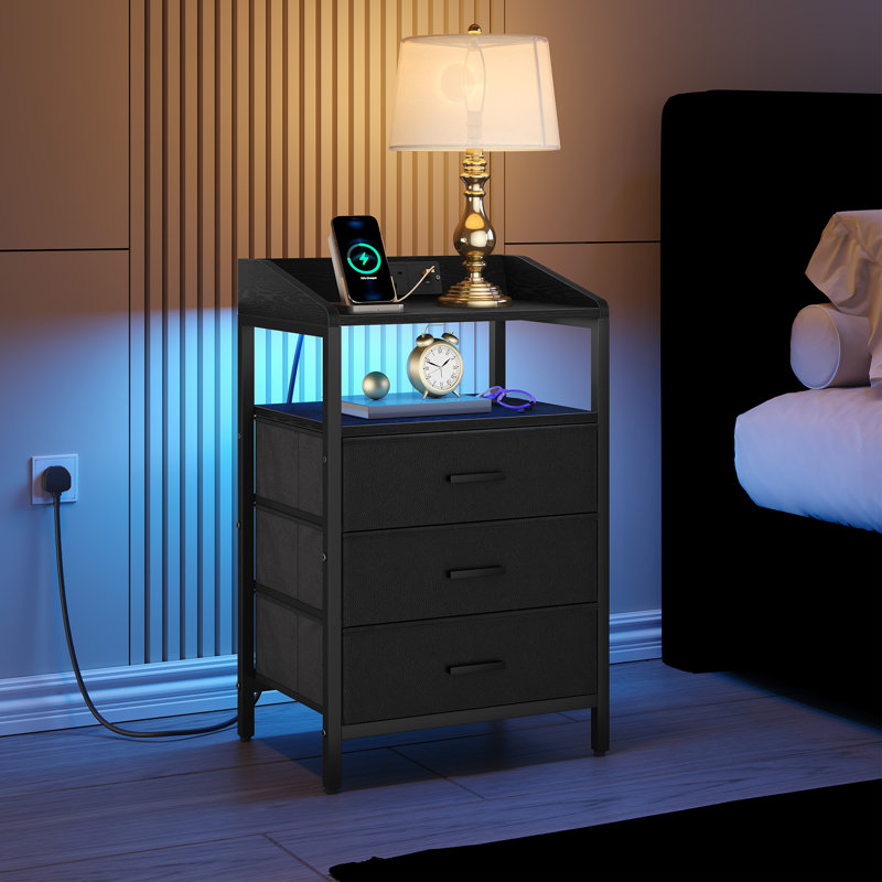Bedside Tables Set of 2 with LED Lights and Charging Station, Bedside Cabinet with 3 Fabric Storage Drawers and Shelves, Nightstand with USB Ports&TypeC for Bedroom 