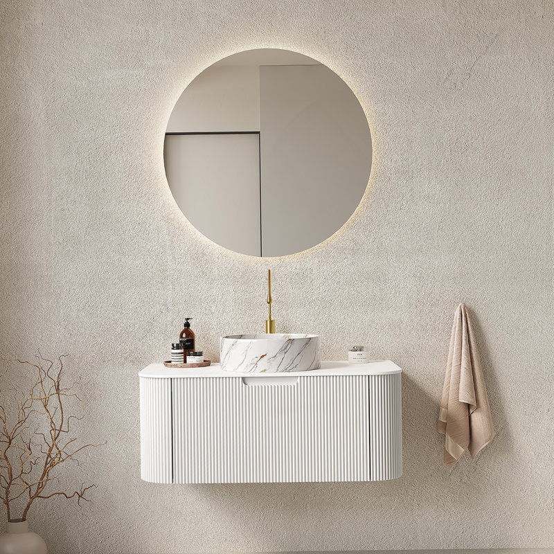 Meuble-lavabo de salle de bain 36 po avec lavabo, lavabo à fixation murale à bords arrondis flottants avec tiroir, lavabo en céramique blanc avec motif de pierre, pré-assemblé, vert clair