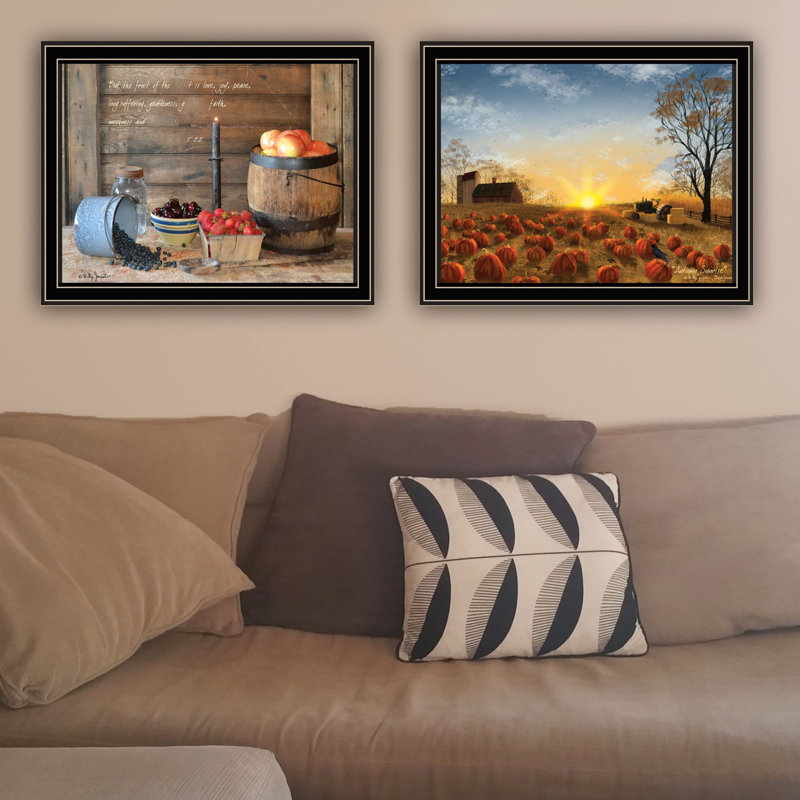 Home Decor Wall Art, 2 Autumn Sunrise, encadré noir, salon chambre à coucher, multicolore, papier de bois, lever de soleil 17,54 x 14,22