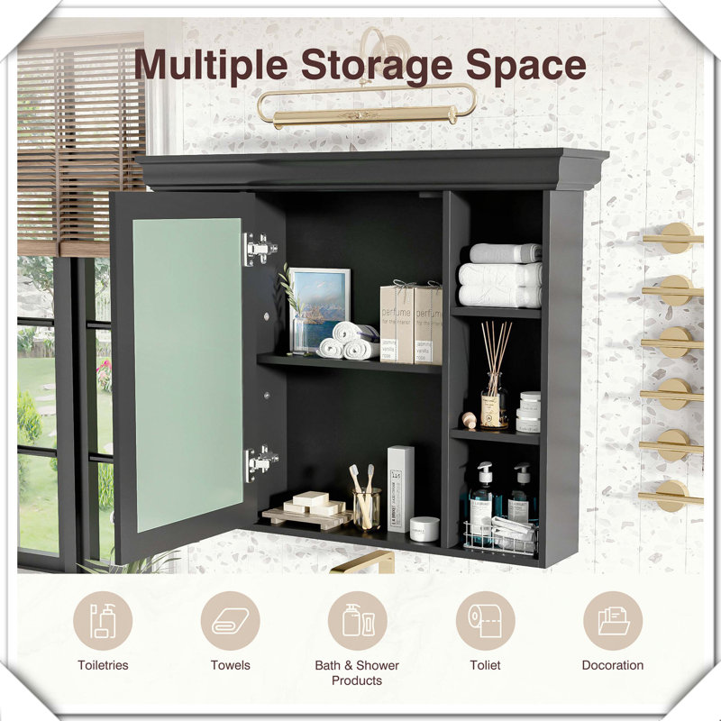 Armoire à pharmacie murale avec porte miroir et 6 tablettes ouvertes
