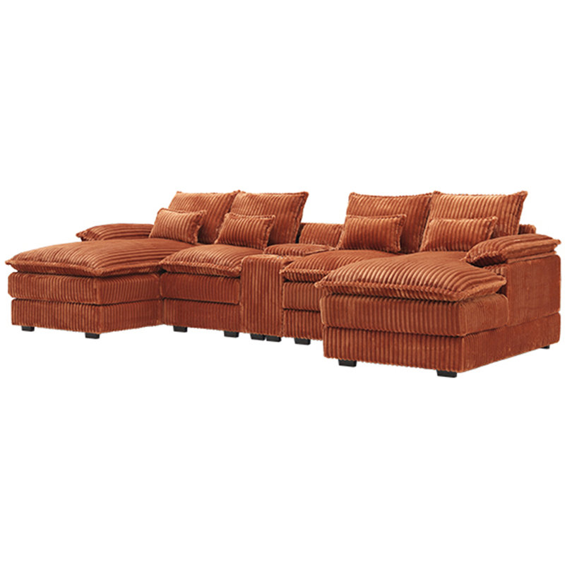 Canapé modulaire moderne en U en velours côtelé de 125 po avec console de rangement et ports USB, porte-gobelets, Orange