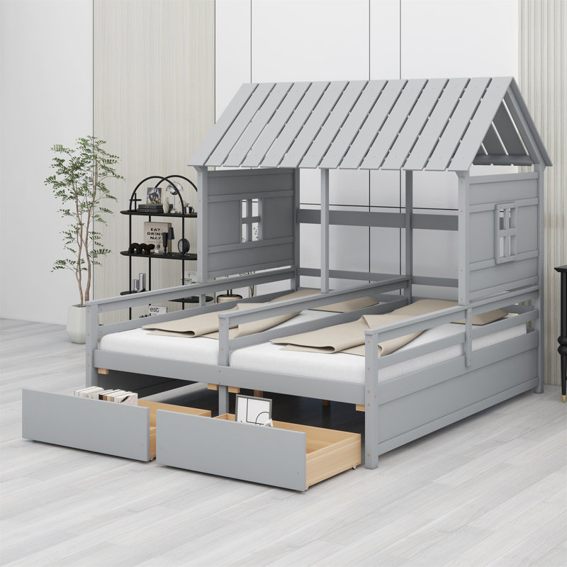 Lit plateforme House avec deux tiroirs, combinaison de 2 lits côte à côte, Grey