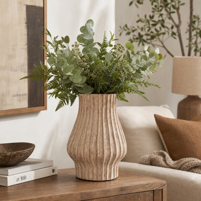Contemporary Ribbed Terracotta Vase for Home Table Decor - Decorative Tall Vase Acccent  for Living Room Flower Decoration - Brown & Tan