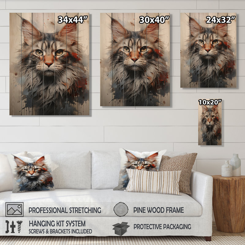 Maine majesté, chat I - art mural en bois sur bois de pin naturel, H 32 po x l 24 po