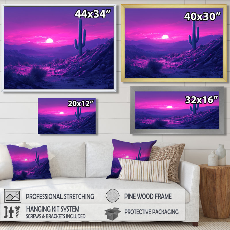 Lavande cactus au crépuscule II - art mural de cactus pour le salon, H 16 po x l 32 po, Cadre flottant, Noir