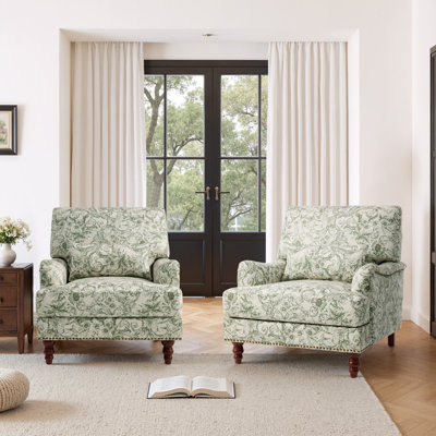 Upholstered Rococo Green Nailhead Trim Accent Chair with Throw Pillow and Solid Wood Legs (Set of 2)