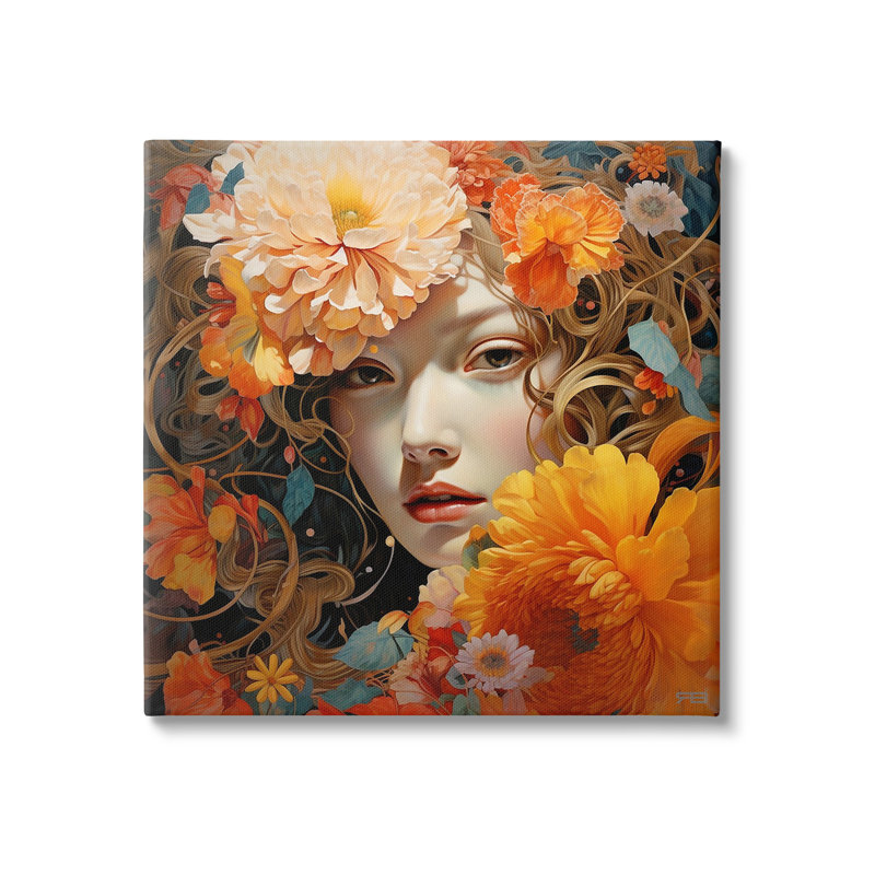 «Woman & Scattered Blossoms», art mural sur toile par Rb, H 17 po x l 17 po