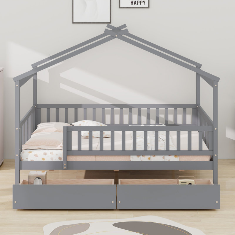 Lit en bois avec deux tiroirs, Gris