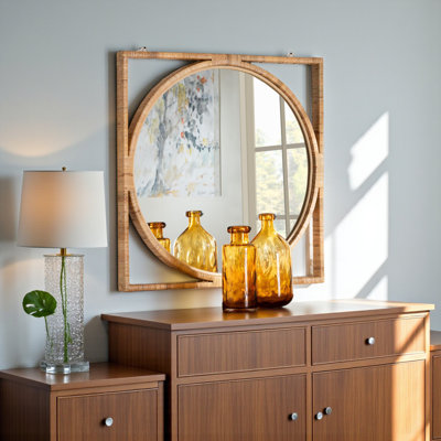 Tavin Japandi Natural Rattan Square Silhouette Round Wall Mirror, 34.09" H X 34.09" W X 2.21" D