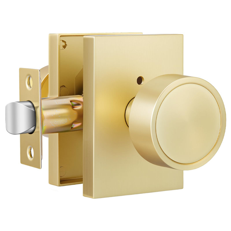 Gold Interior Door Knob, Zinc-Alloy Privacy Brushed Gold Door Knob Interior, Rectangular Brushed Brass Indoor DoorKnob for Bedroom, Bathroom, 1 Pack