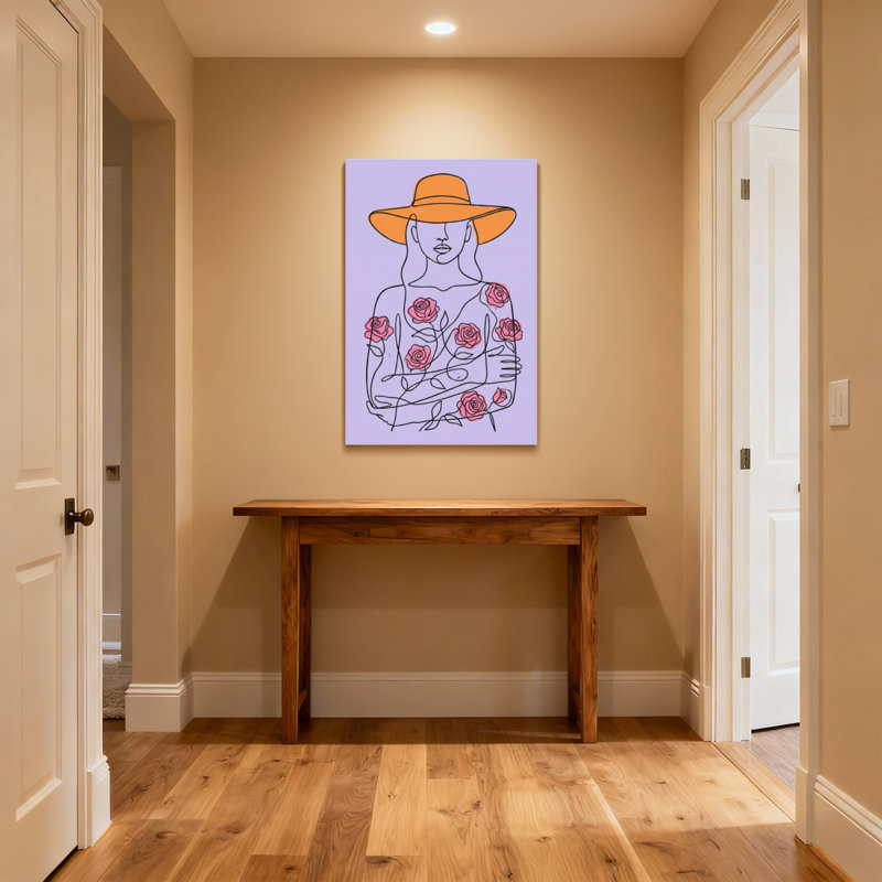 Femme abstraite avec un chapeau et un motif de roses, H 36 po x l 24 po, Toile tendue, Ne s’applique pas