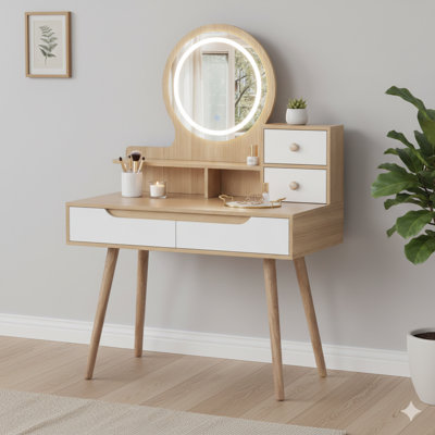 Makeup Vanity Desk With A Three-Panel Adjustable Lighted Mirror And Solid Wood Table Legs. This Dressing Table Set Includes Four Drawers And Three Open Shelves, Designed For Bedrooms With Limited Space.