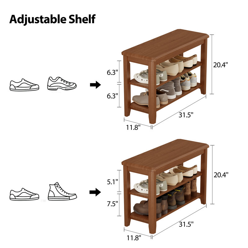  Solid Wood Shoe Bench with 2-Tier Open Shelving – Entryway Furniture, 31.5″ W x 11.81″ D x 20.47″ H, Brown