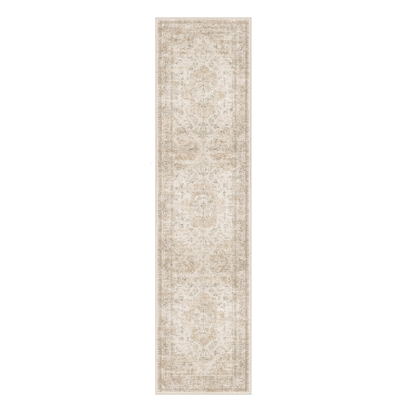 Tapis oriental délavé à la machine avec envers antidérapant Asteria, Beige, Tapis de couloir 2 pi x 8 pi