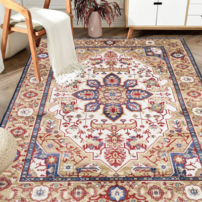 Grand tapis 5 x 7, lavable à la machine, antidérapant, floral bleu / or pour le salon, tapis 5 x 7, floral, bohème rétro