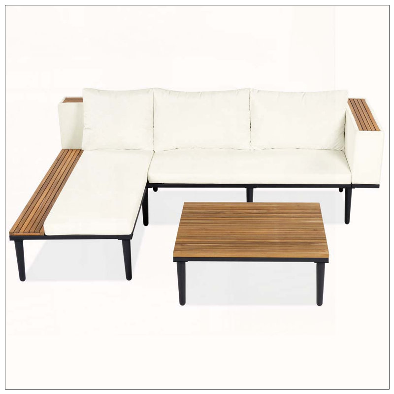 Ensemble de canapé de patio en L en bois d'acacia avec table d'appoint et coussins de 3,15 po, Beige