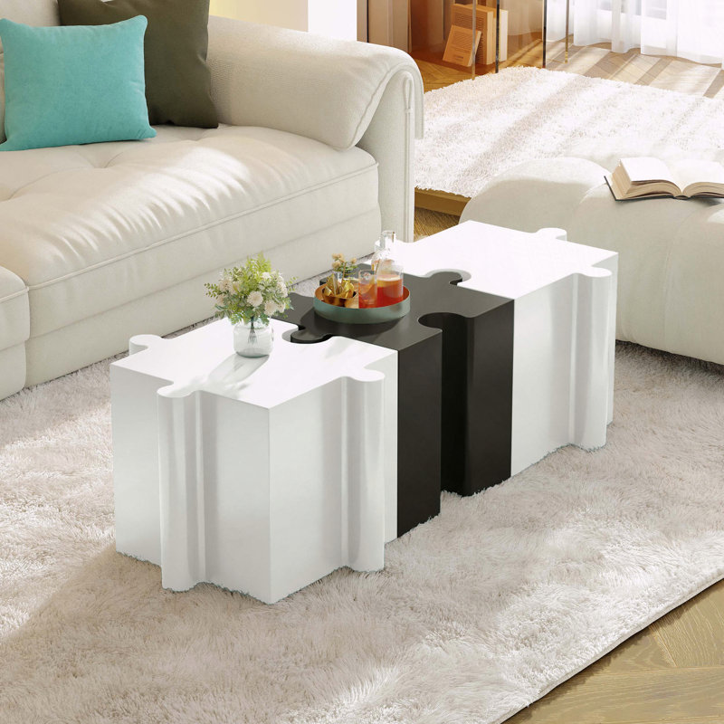 3-Piece Modular Interlocking MGO Puzzle Table Set, White/Black
