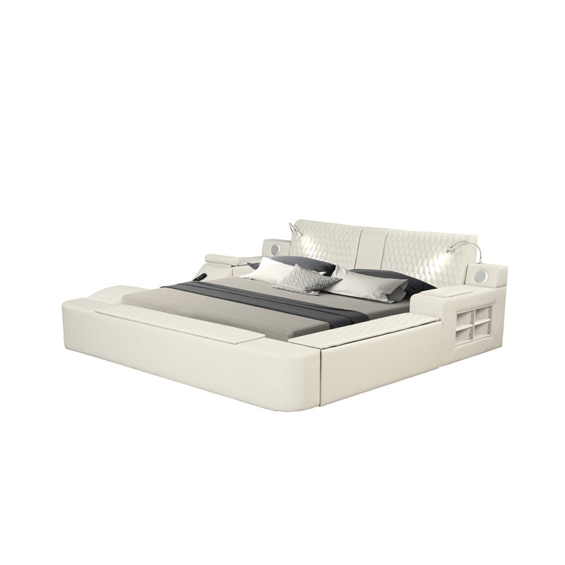 Grand lit beige avec fonctionnalité de massage, audio, chargement et tiroir de rangement pour bijoux pour chambre à coucher de luxe en tout confort