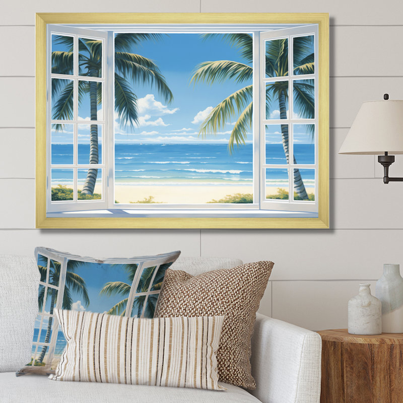 Vue sur l'océan par une fenêtre blanche ouverte I - art sur toile côtier, Cadre photo doré simple, H 12 po x l 20 po x P 1 po