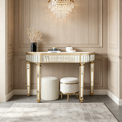 47" Halfmoon Mirrored Console Table With Fluted Glass & Crystal Knob Drawer  Silver Entryway Vanity Desk For Bedroom/Dressing Room(Gold+Sliver)