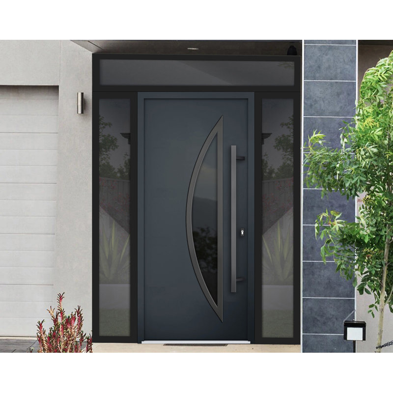 Porte d'entrée extérieure prémontée en acier Deux 6501 Anthracite, 2 fenêtres latérales et supérieures, inserts en acier inoxydable, style moderne, peinte, dimensions : L 12 + 36 + 12 x H 80 + 16, ouverture à gauche vers l'intérieur