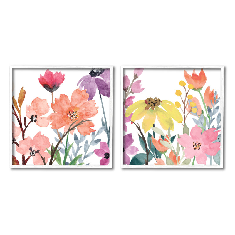 Fleurs printanières sur fond blanc, impression sur bois 2 pièces, Giclée encadrée blanc bord de mer