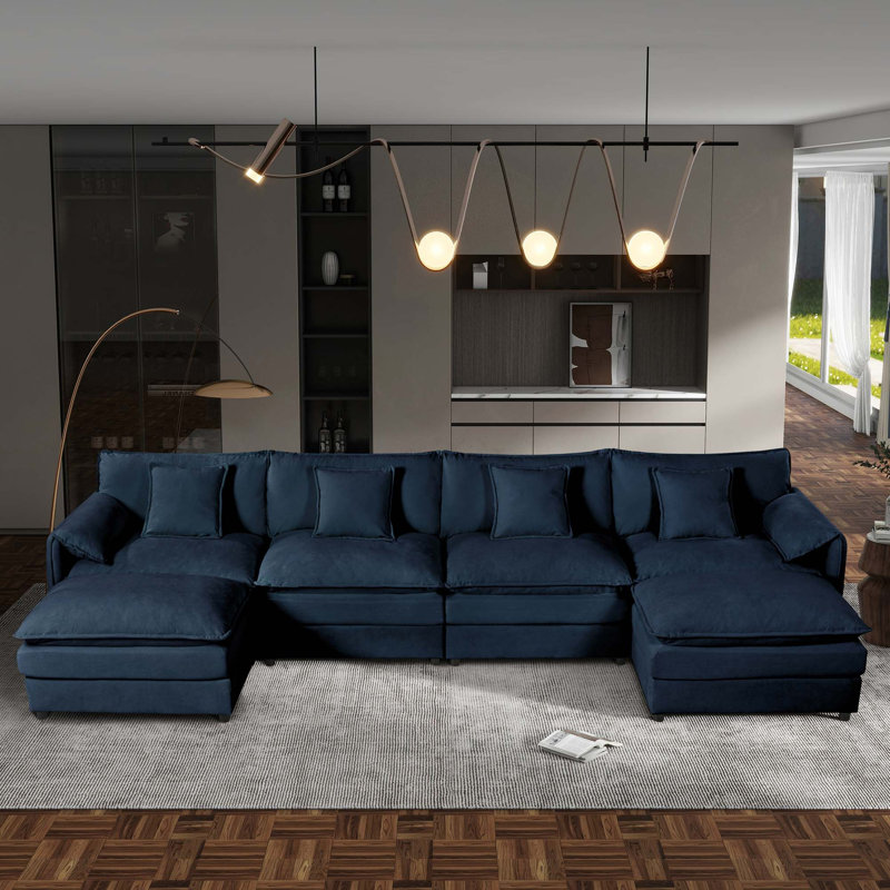 Canapé modulaire modulaire en chenille avec assise profonde et repose-pieds mobiles, Chenille - bleu