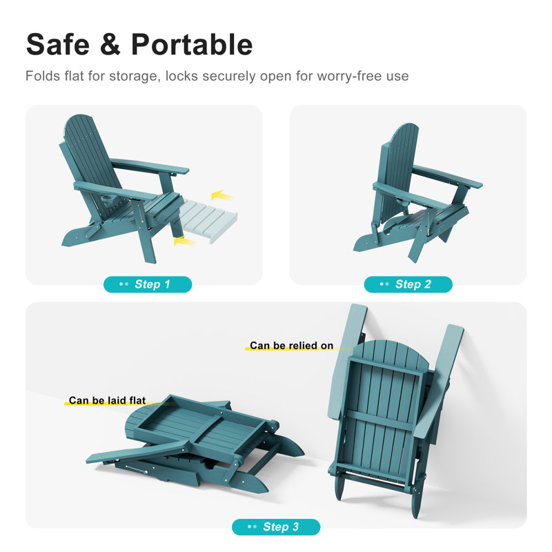Folding Adirondack Chair with Retractable Ottoman & Cup Holder, 3-Position Adjustable for Patio, All-Weather Outdoor Seating