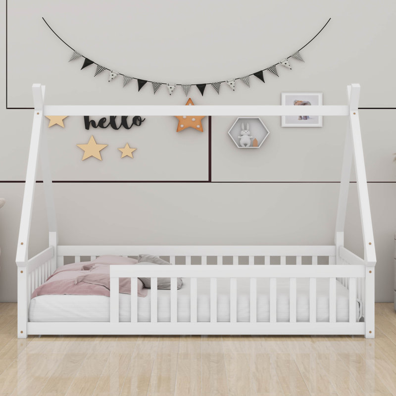 Lit simple en bois en forme de tente avec garde-corps, Blanc