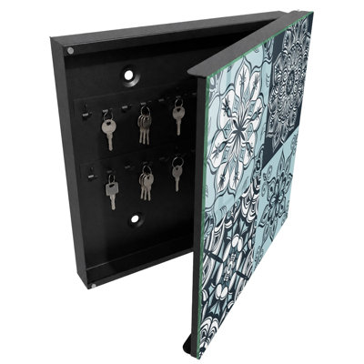 Wall mounted key box, Opens to the right, 30x30x5, White, Delicate mandalas in cool tones, 