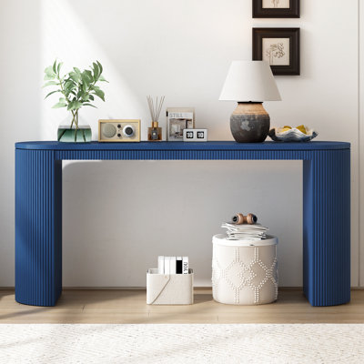 Console courbée avec plateau spacieux pour livres et lampes - Finition de bureau bleu marine côté salon