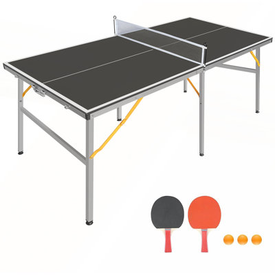 6ft Black Mid-Size Table Tennis Table Foldable & Portable for Indoor & Outdoor Games with Net, Paddles, and Balls
