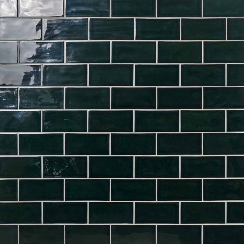 Nabi Subway Deep Emerald Green 4.5X9 Crackled Glossy Glass Tile, Midnight Blue Green