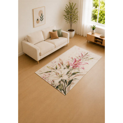 «Lily» 5 pi x 7 pi «Ultra Léger», rosé et crème, élégant tapis lis pour le salon, tapis doux à poils courts avec envers antidérapant en silicone, décor pour la chambre à coucher et le bureau personnel