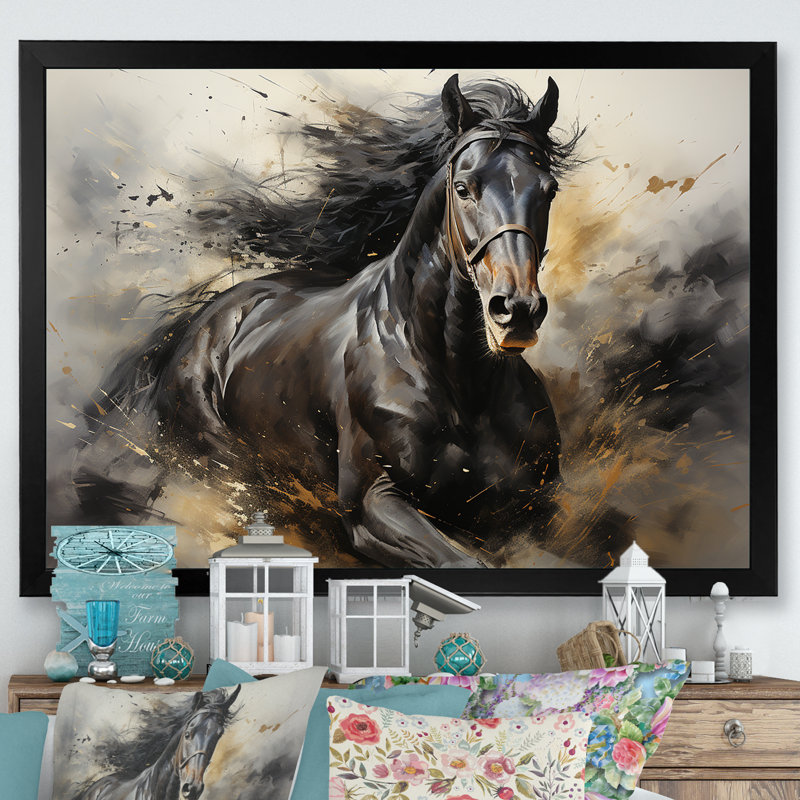 Étalon noir en mouvement I - cheval, art mural, H 34 po x l 44 po x P 1,5 po, Cadre simple noir