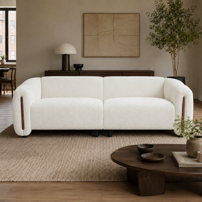 Canapé 3 places moderne incurvé de 222 cm de large, canapé profond rembourré avec larges accoudoirs et finitions en bois, canapé bas pour salon, gris
