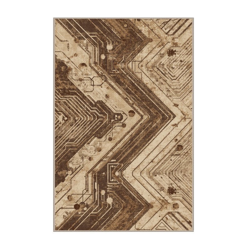 Tapis brun rustique et beige lavable à la machine à motif ordinateur Parnika Quantum, 5 x 7