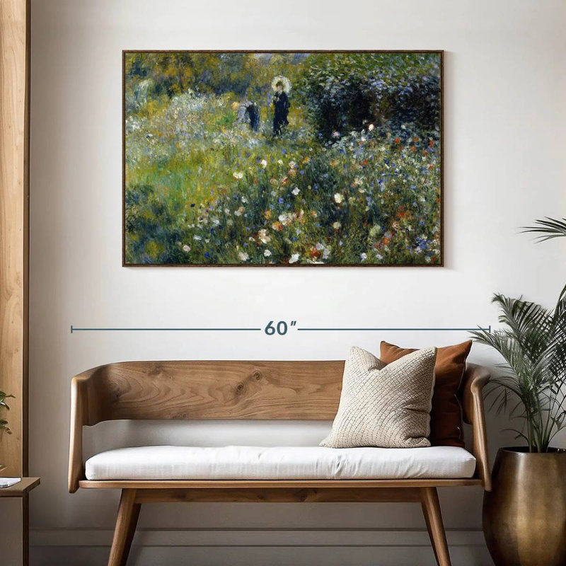 Femme avec un parasol dans un jardin, 46 po x 31 po, Cadre flottant noyer