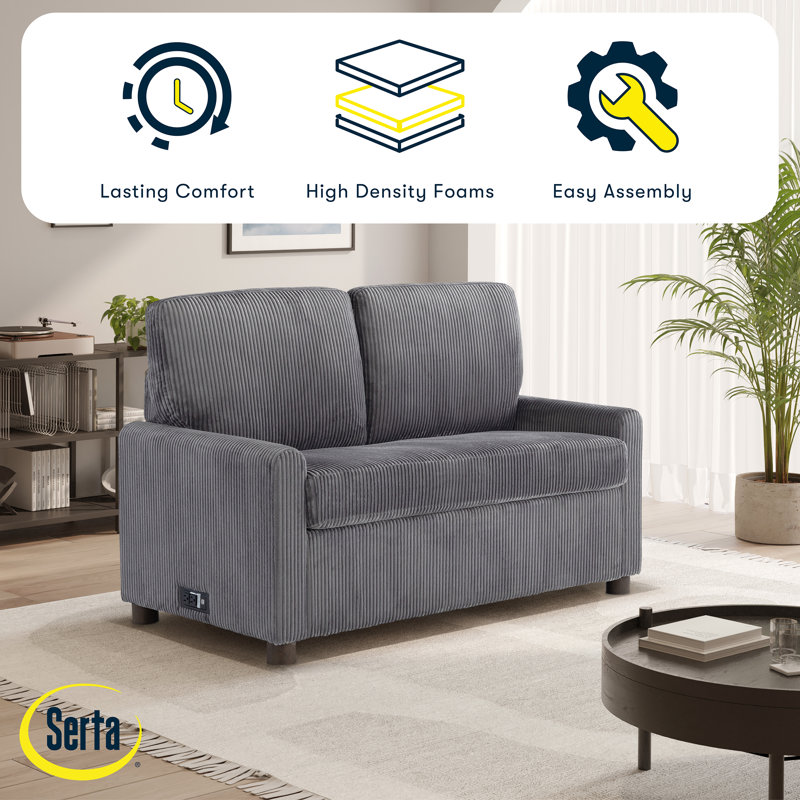 Serta Damon 53.5" Convertible Loveseat with Pull Out Twin Size Sleeper, Integrated Power Strip, Plush Corduroy Fabric, Gray